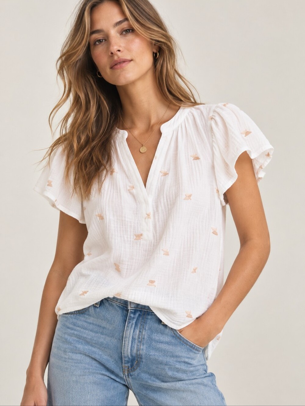 MADEWELL Embroidered Lightspun Ruffle Sleeve Henley Top White Neutral M